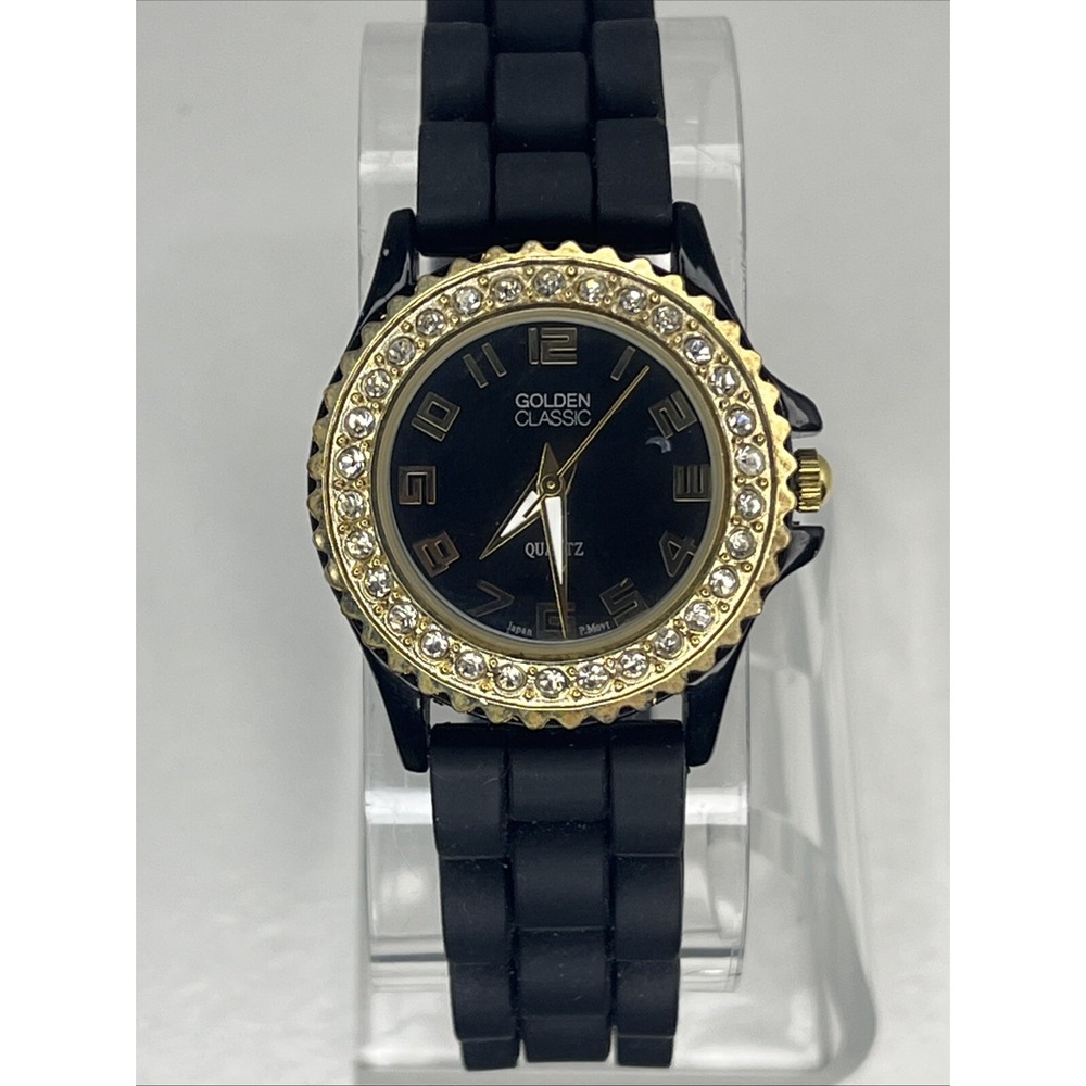 Golden Classic Women's Watch Crystal Bezel Black Silicone Band- New Battery